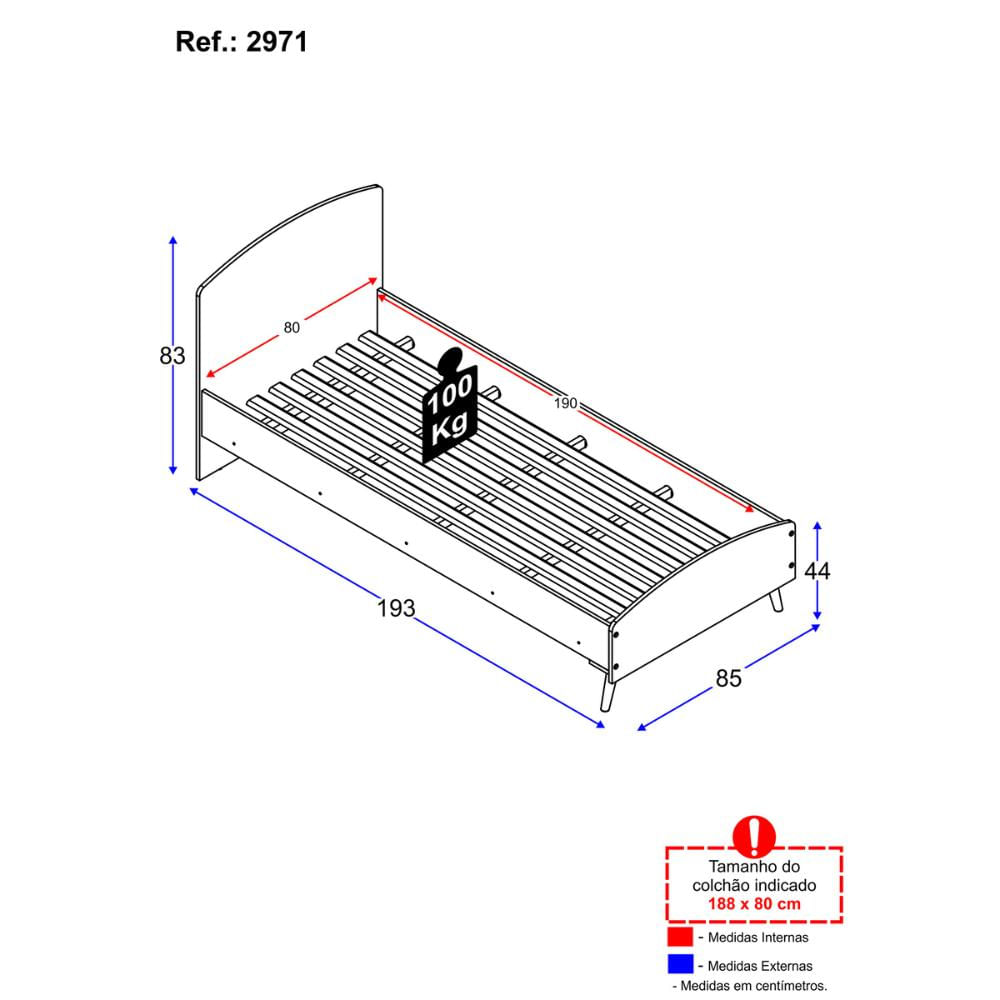 Cama Solteiro para colchão 78x188cm 100% MDF Doçura Multimóveis Branco/Cinza/Rosa