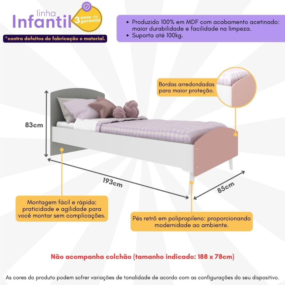 Cama Solteiro para colchão 78x188cm 100% MDF Doçura Multimóveis Branco/Cinza/Rosa