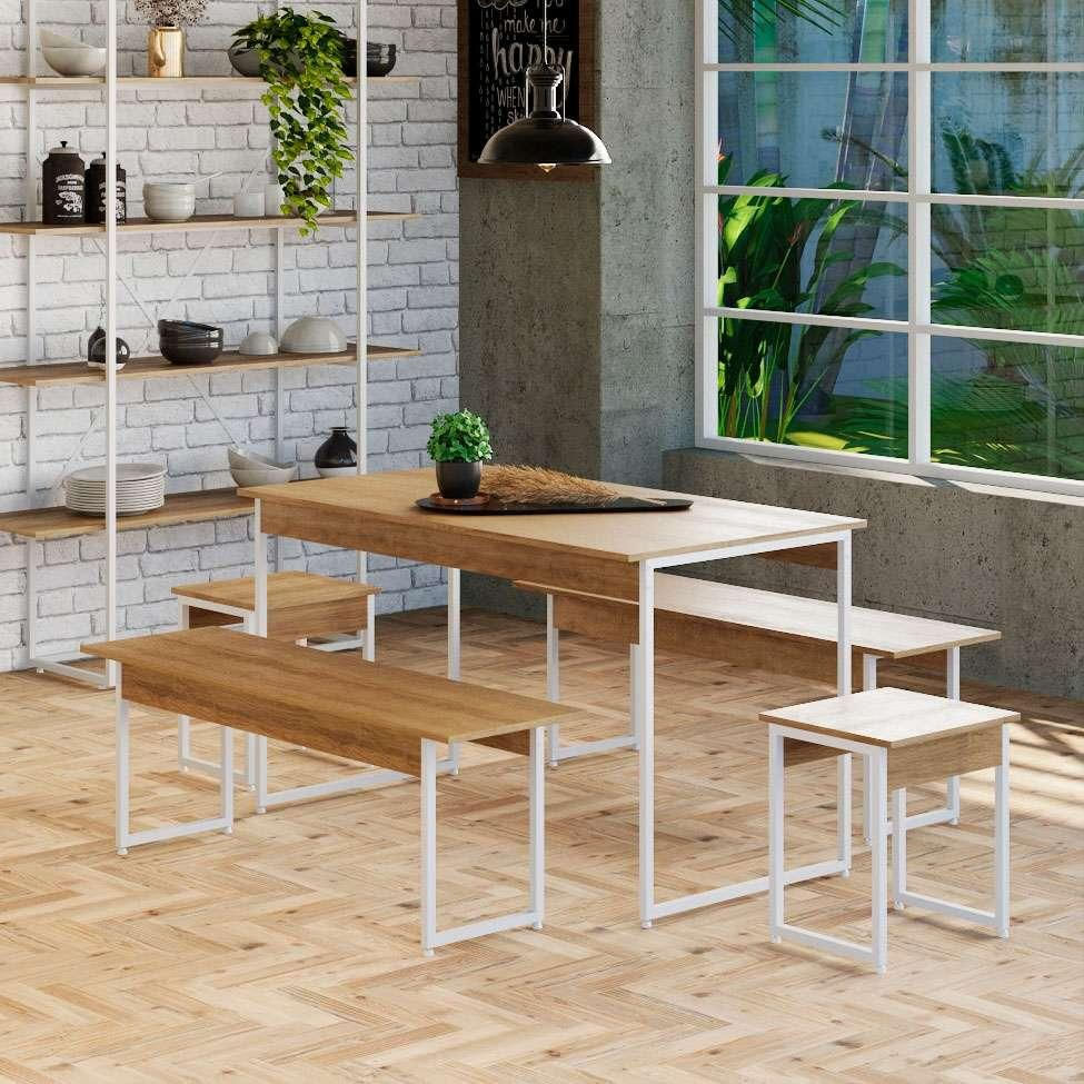 Conjunto de Mesa de Jantar Retangular com 4 Bancos Studio Mel e Branco