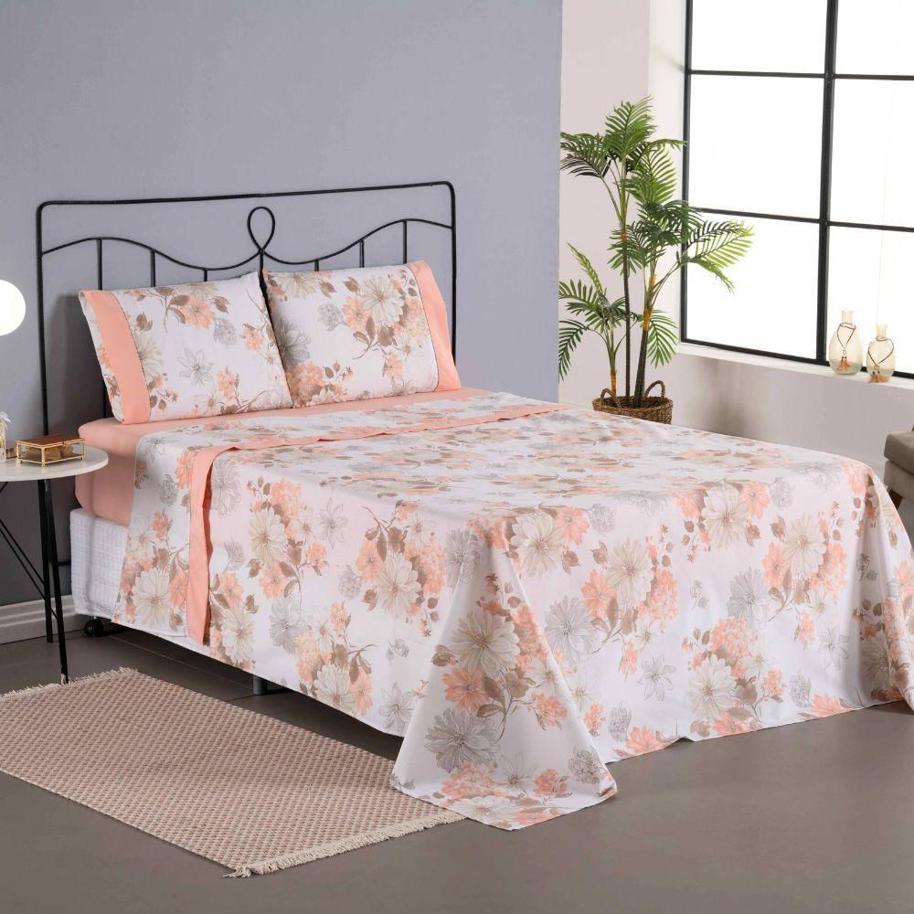 Jogo Cama Lençol Encanto Casal Padrão Estampado Percal 180 Fios C/ Ponto Palito 4 Peças - Floral - Salmão