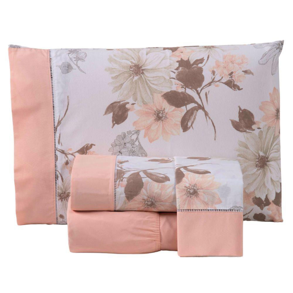 Jogo Cama Lençol Encanto Casal Padrão Estampado Percal 180 Fios C/ Ponto Palito 4 Peças - Floral - Salmão