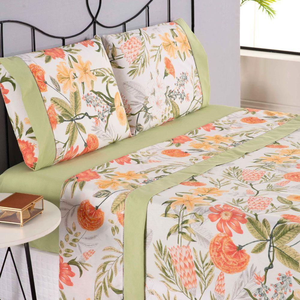 Jogo Cama Lençol Encanto King Estampado Percal 180 Fios C/ Ponto Palito 4 Peças - Floral - Cinza