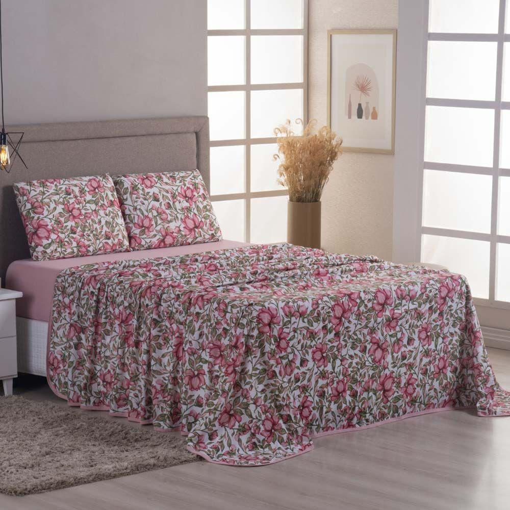 Jogo Cama Lençol Sonnet Solteiro Malha Estampada 100% Algodão 3 Peças - Flores - Rosê