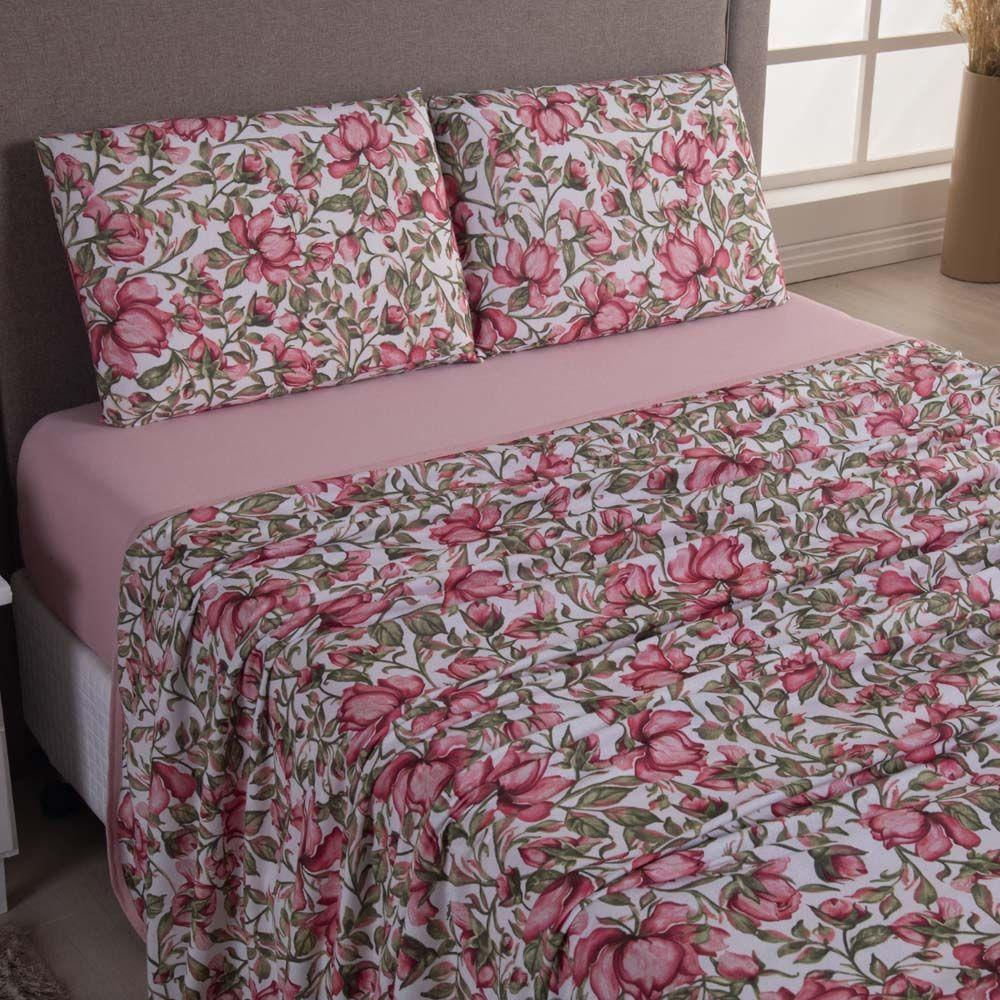 Jogo Cama Lençol Sonnet Solteiro Malha Estampada 100% Algodão 3 Peças - Flores - Rosê