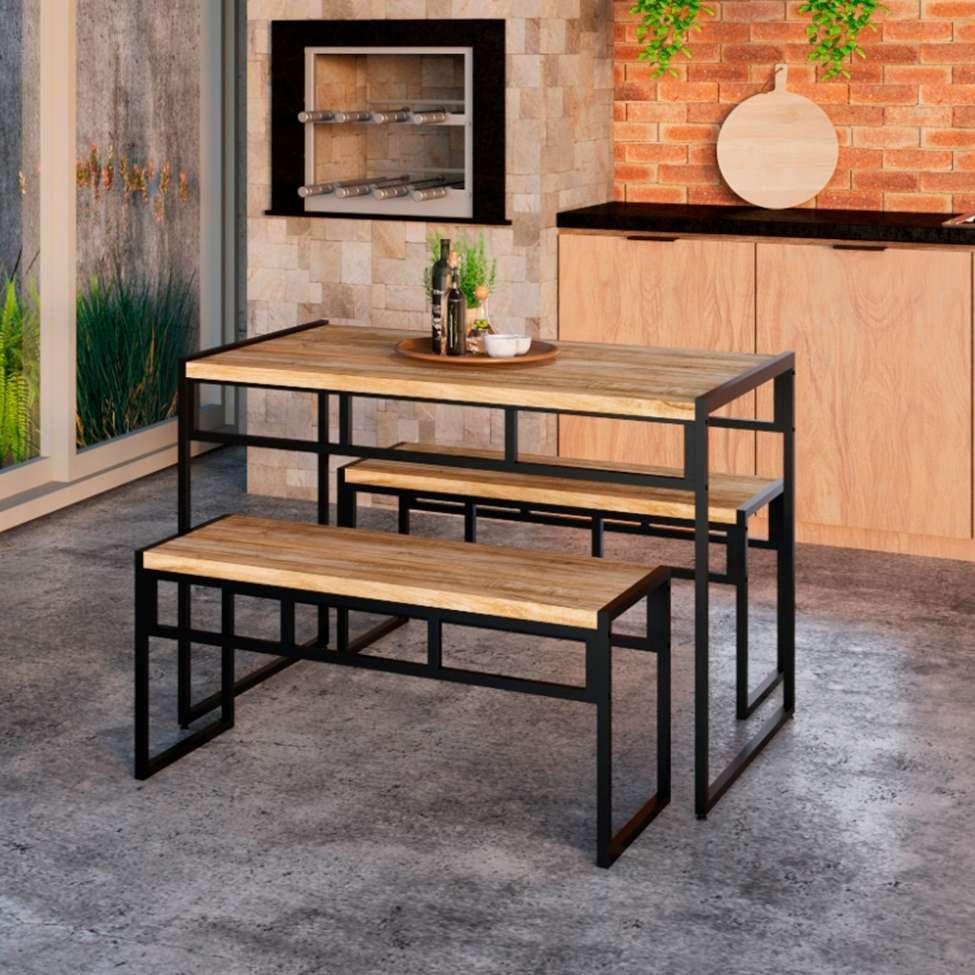 Conjunto de Mesa de Jantar com 2 Bancos Wooden Carvalho e Preto