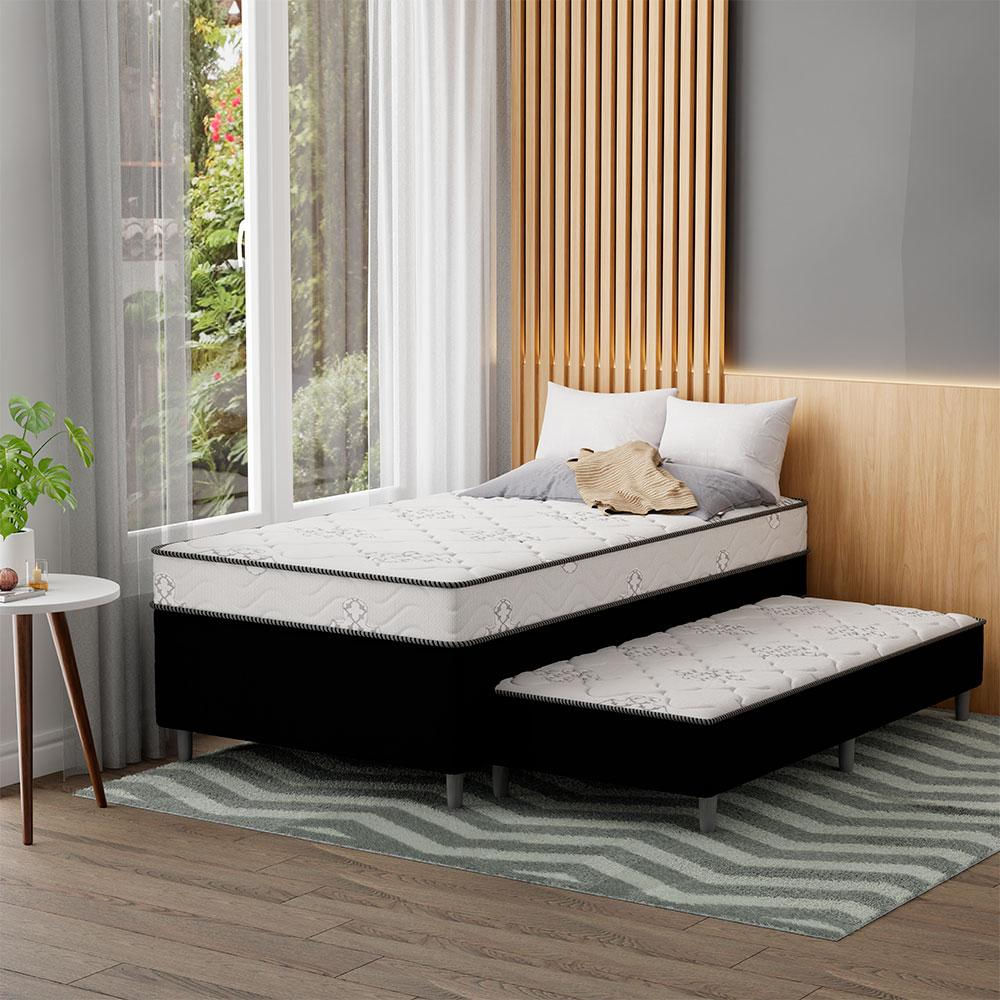 Cama Box Conjugada Solteirão Premier Unibox Molas Ensacadas (63x108x198) com Cama Auxiliar Preta