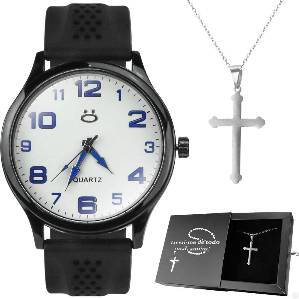 Relogio Masculino Preto Aco + Caixa Ponteiro Prata Religioso