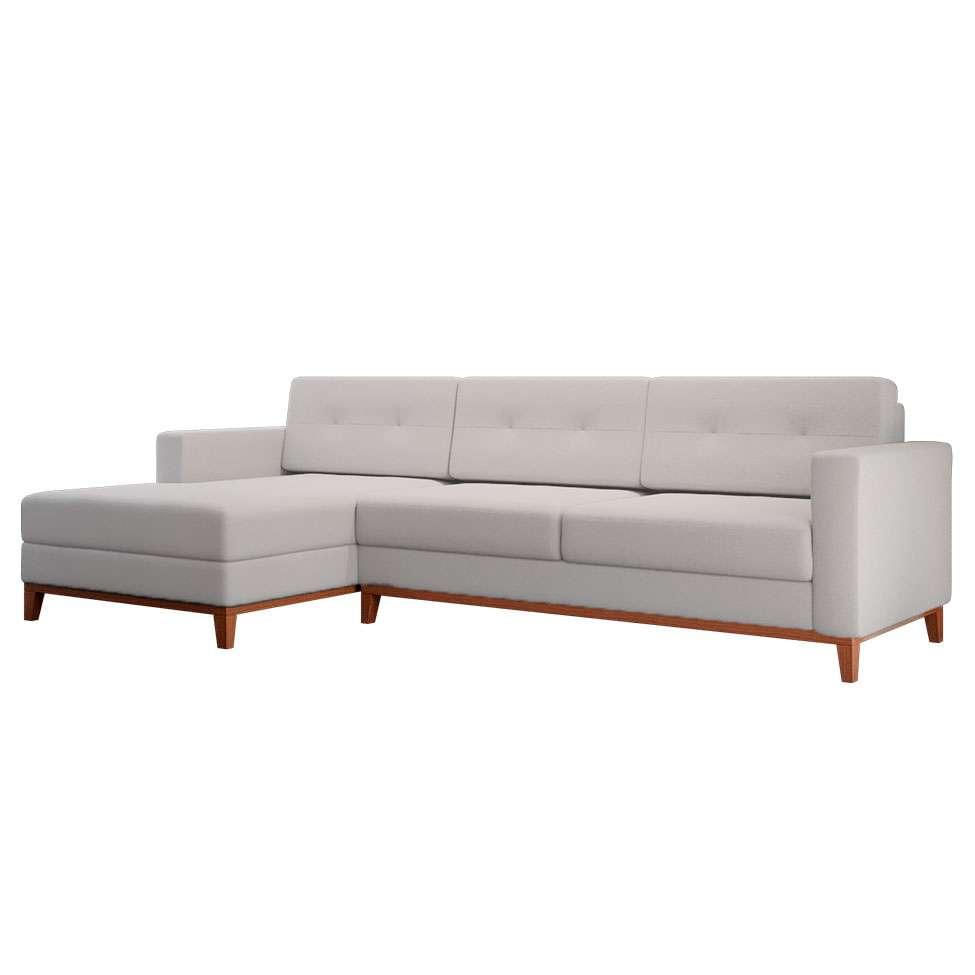 Sofá 3 Lugares Living com Chaise Esquerdo Pés e Base em Madeira Linho Cotton Cru