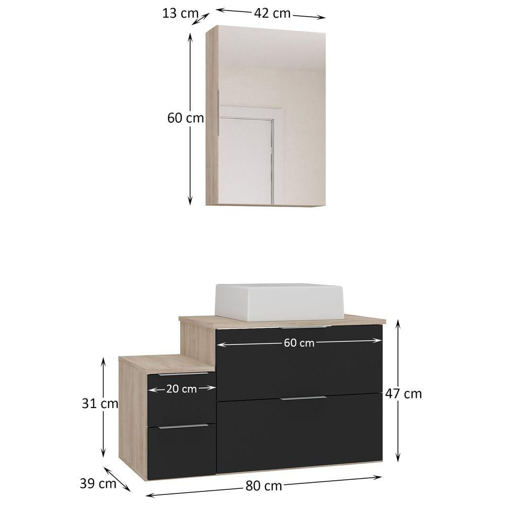 Conjunto Gabinete Banheiro Nivus 80 (gabinete+espelheira+cuba) Madeirado Preto