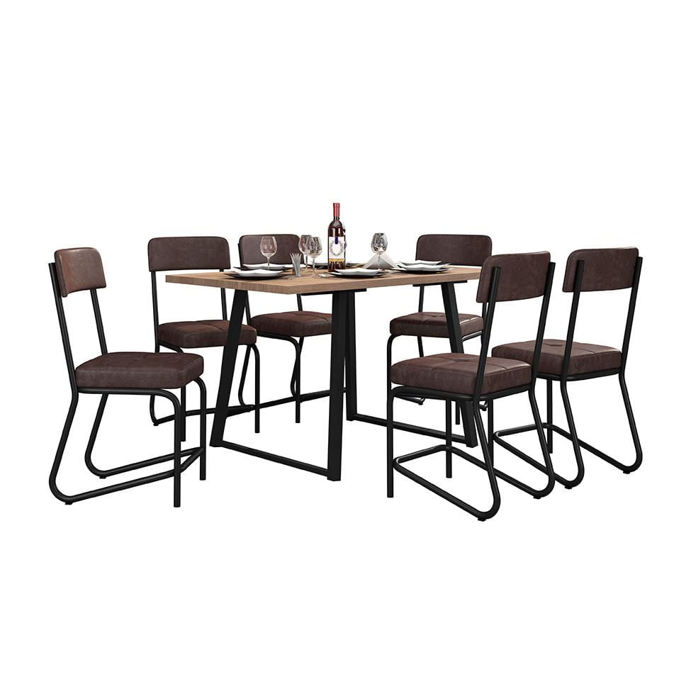 Conjunto de Mesa Retangular com Tampo de MDP Amadeirado Atlanta e 6 Cadeiras Nagóia Revestimento Sintético Marrom e Preto