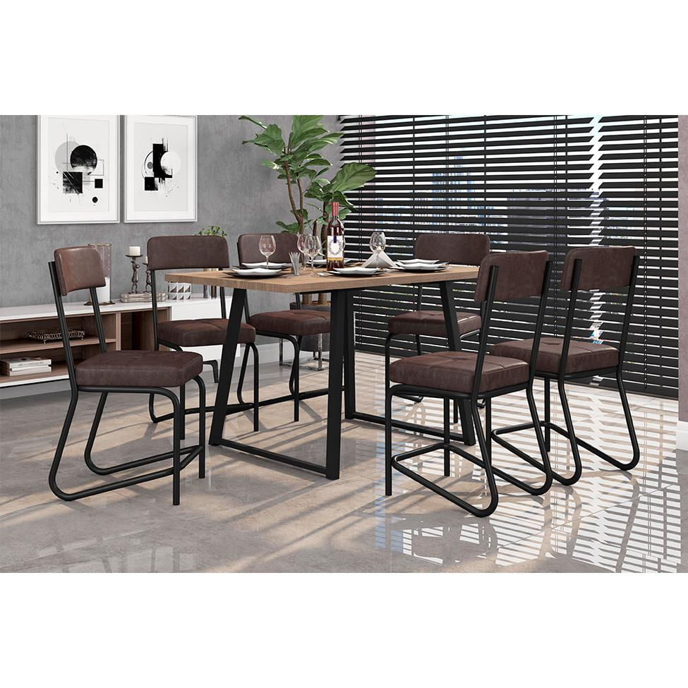 Conjunto de Mesa Retangular com Tampo de MDP Amadeirado Atlanta e 6 Cadeiras Nagóia Revestimento Sintético Marrom e Preto