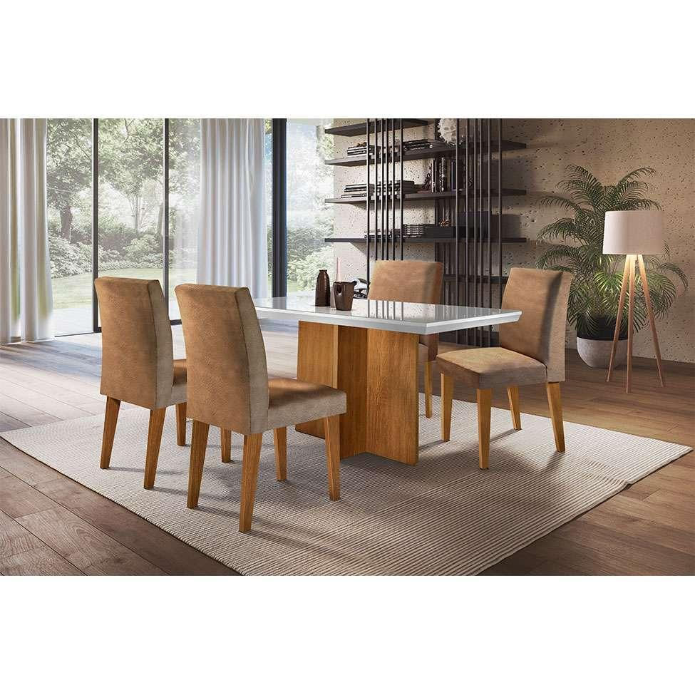 Conjunto de Mesa de Jantar Berlim I com Tampo de Vidro Off White e  4 Cadeiras Grécia Suede Chocolate