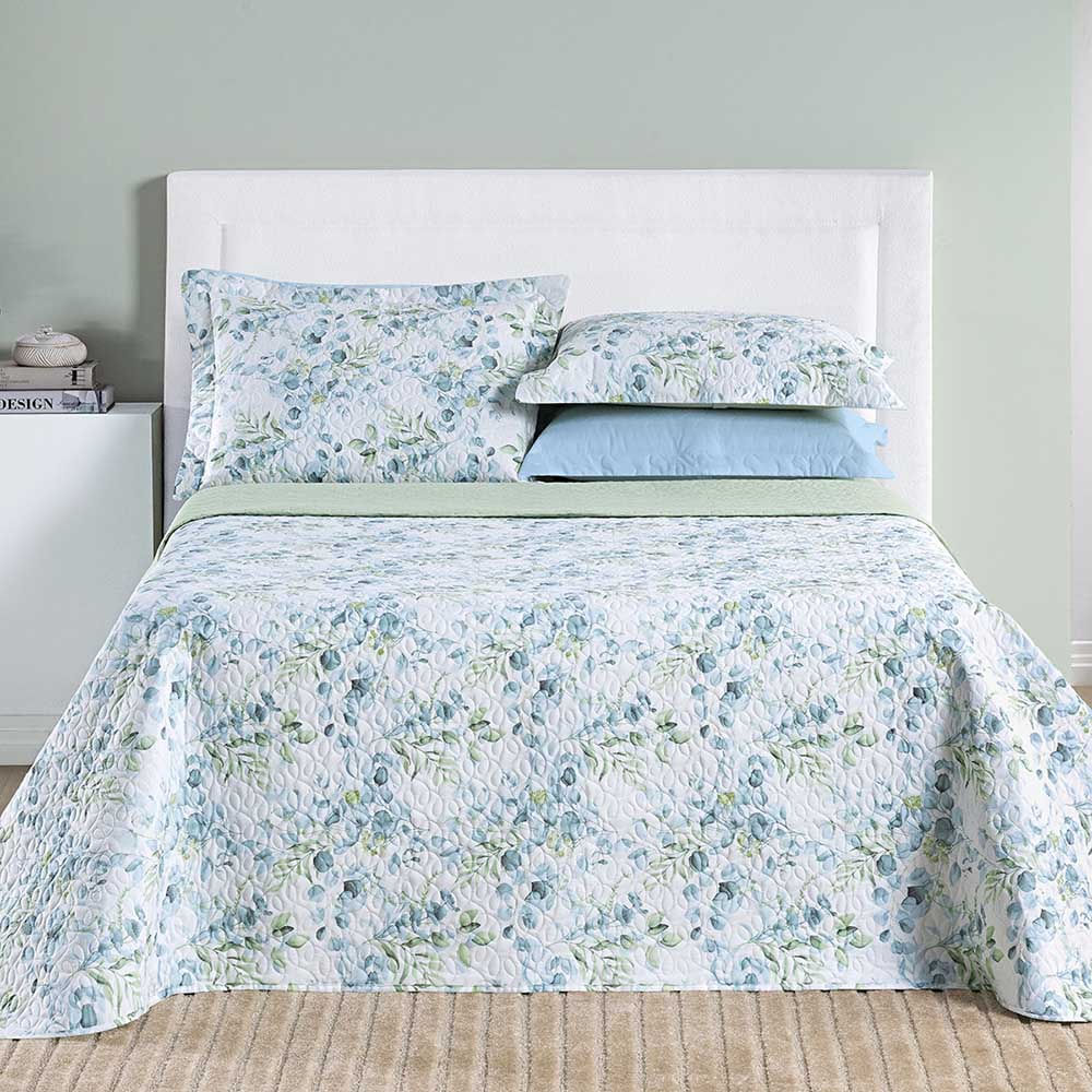 Kit Cobre Leito Colcha Maggy Casal 3 Peças Dupla Face Percale 200 Fios - Forest Floral Verde