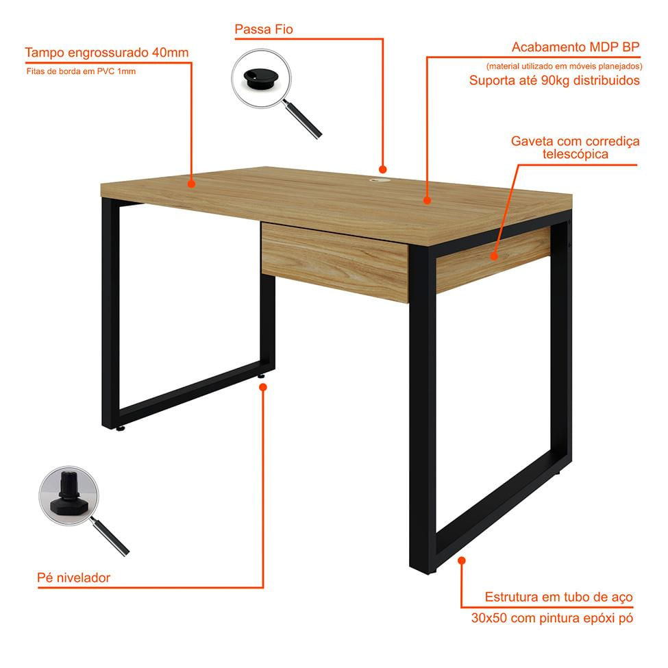 Mesa de Escritório Retangular Miguel 1 GV Vermont e Preta 120 cm