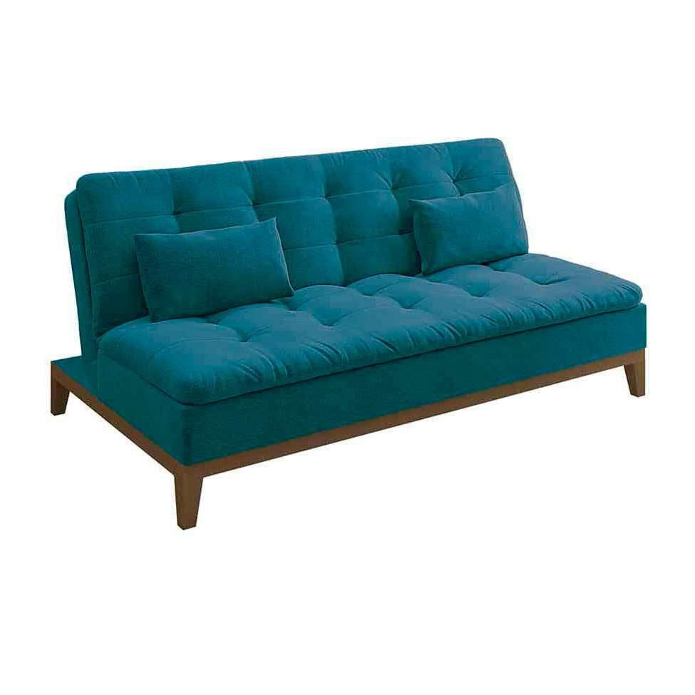 Sofá-Cama 3 Lugares Casal Premium Base e Pés de Madeira Suede Azul