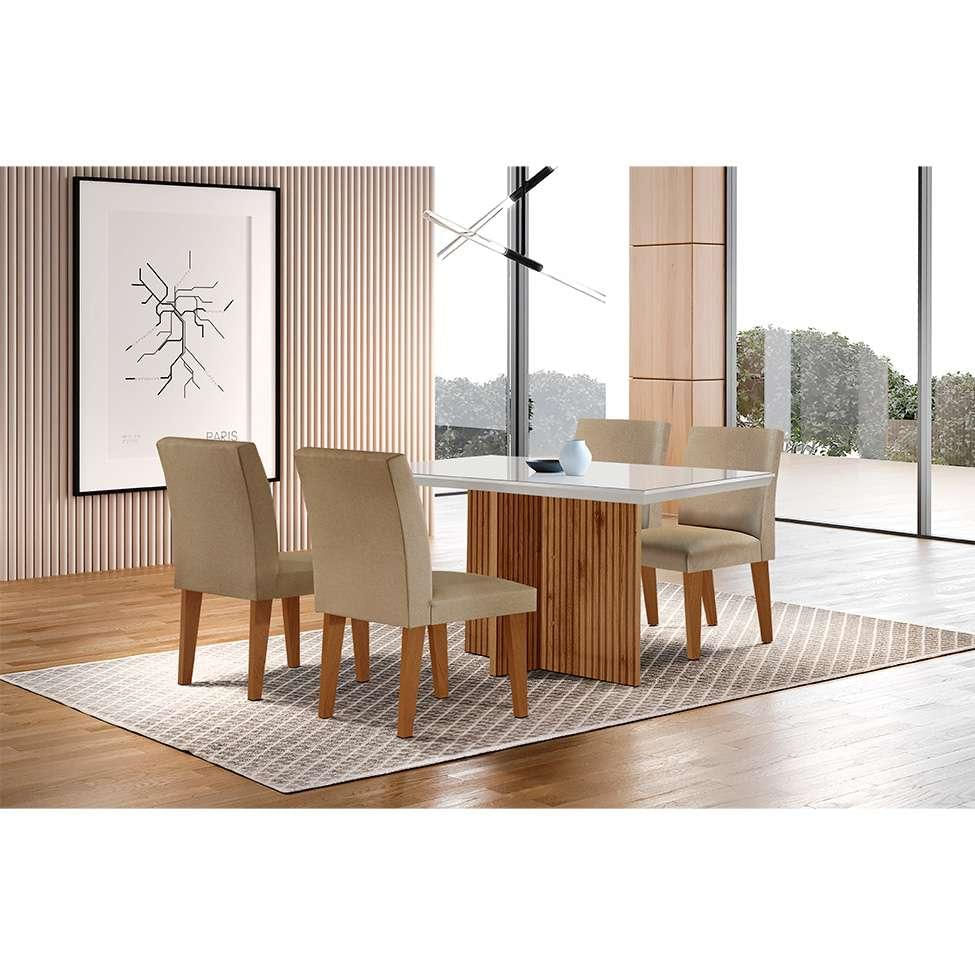 Conjunto de Mesa de Jantar Retangular com Tampo de Vidro Off White Berlim e 4 Cadeiras Bélgica Linho Bege e Imbuia