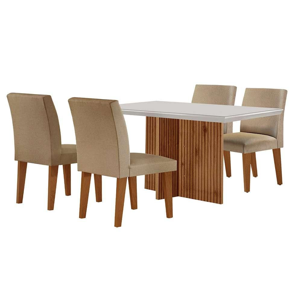 Conjunto de Mesa de Jantar Retangular com Tampo de Vidro Off White Berlim e 4 Cadeiras Bélgica Linho Bege e Imbuia