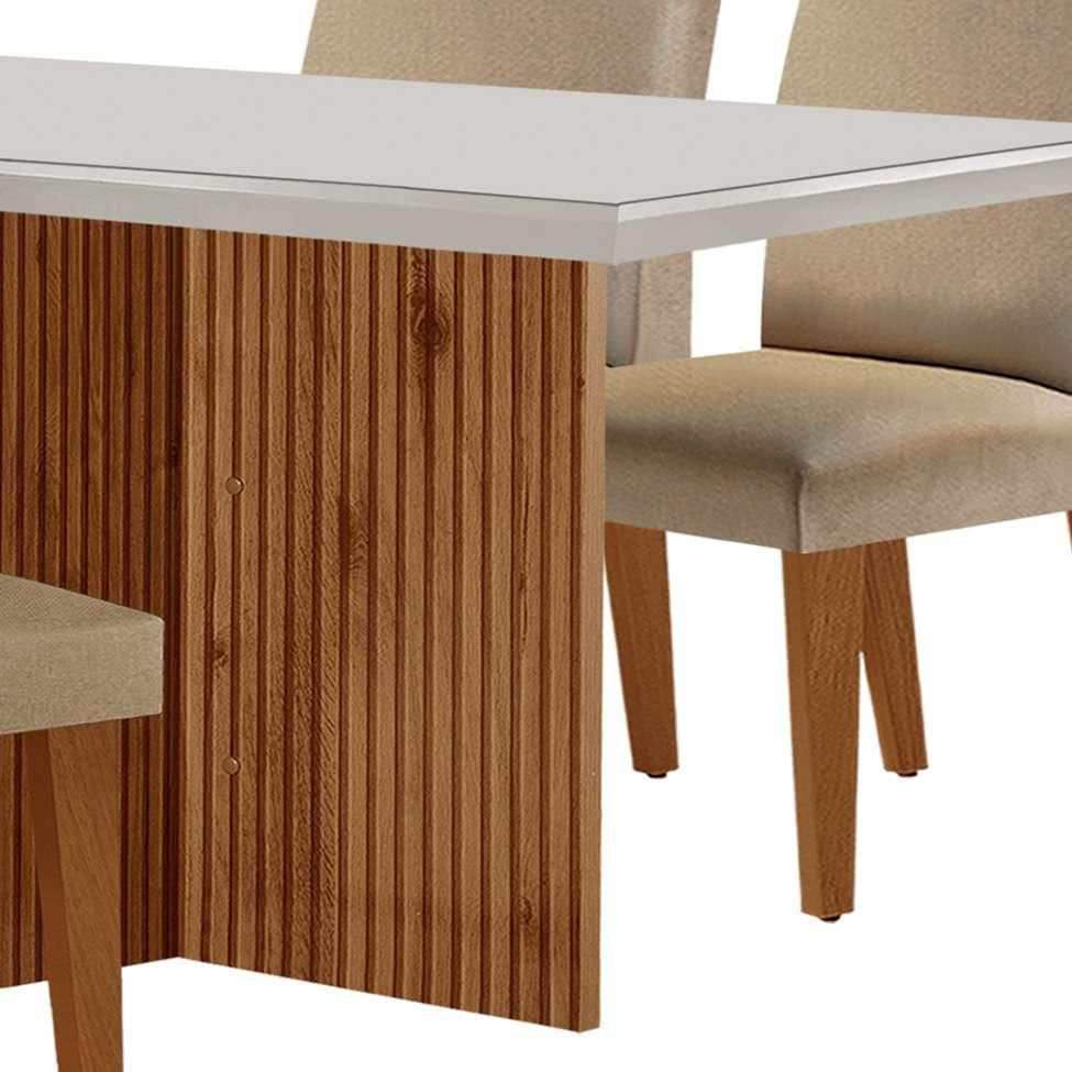 Conjunto de Mesa de Jantar Retangular com Tampo de Vidro Off White Berlim e 4 Cadeiras Bélgica Linho Bege e Imbuia