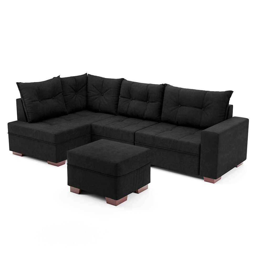 Sofá de Canto 7 Lugares Glória Suede Preto