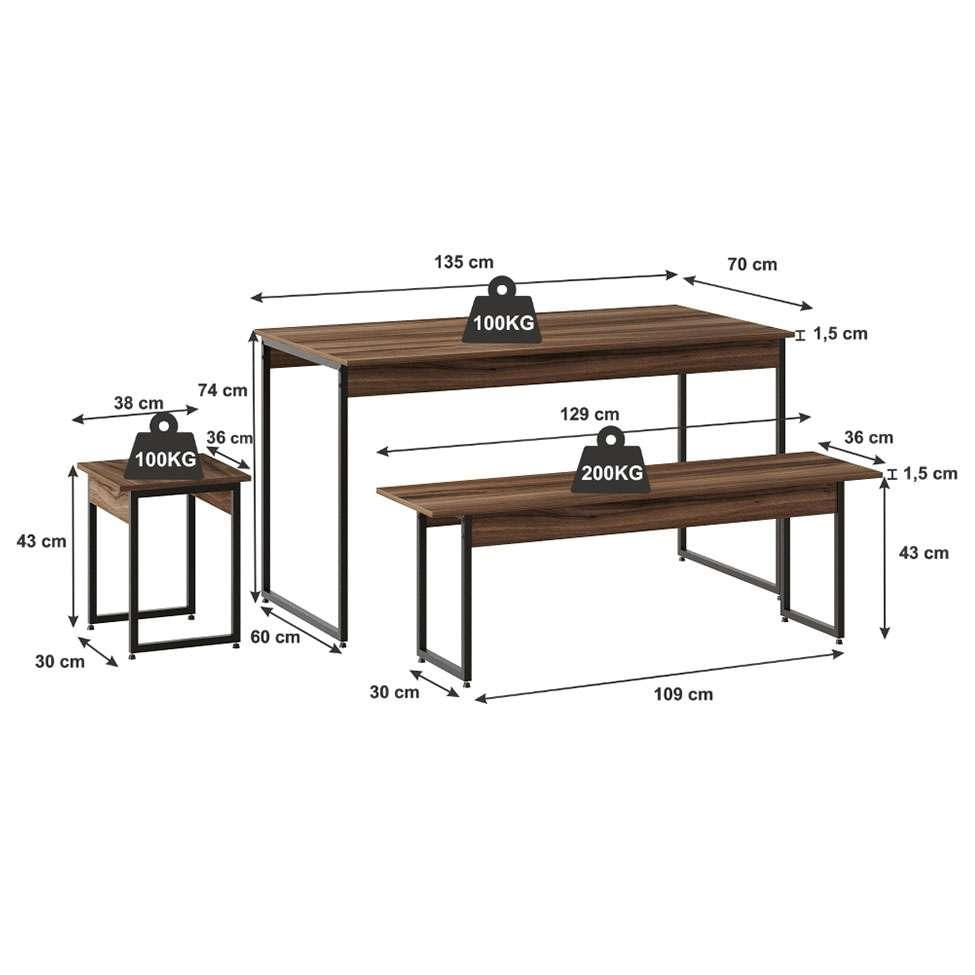 Conjunto de Mesa de Jantar com 2 Bancos e 2 Banquetas Studio Nogal e Preto