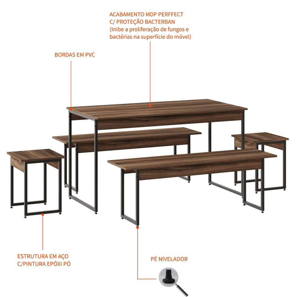 Conjunto de Mesa de Jantar com 2 Bancos e 2 Banquetas Studio Nogal e Preto