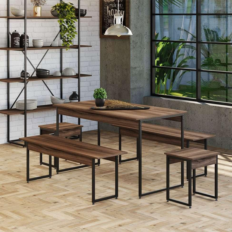 Conjunto de Mesa de Jantar com 2 Bancos e 2 Banquetas Studio Nogal e Preto