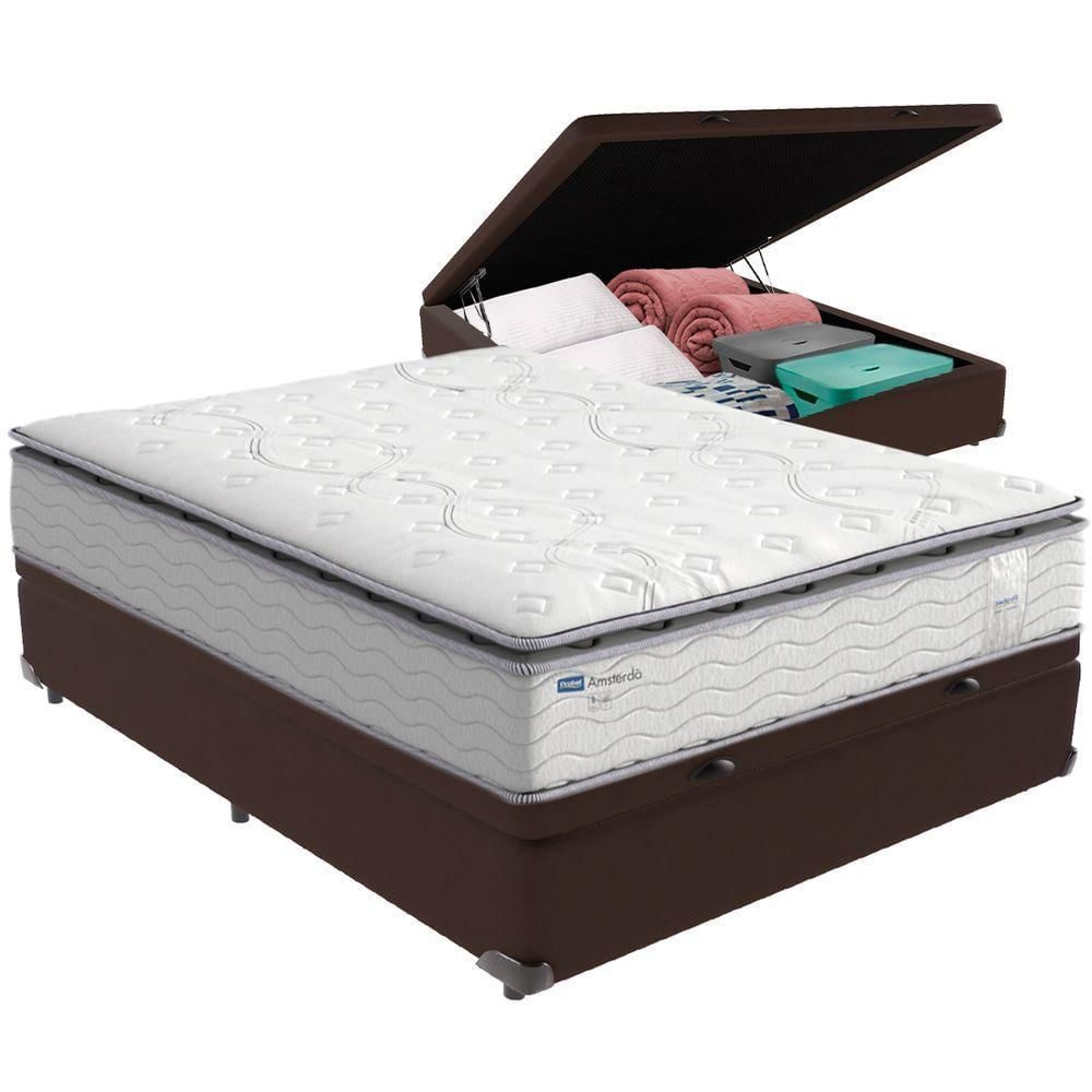 Cama Box Baú E Colchão Amsterdã Molas Ensacadas Casal Probel Casal Marrom