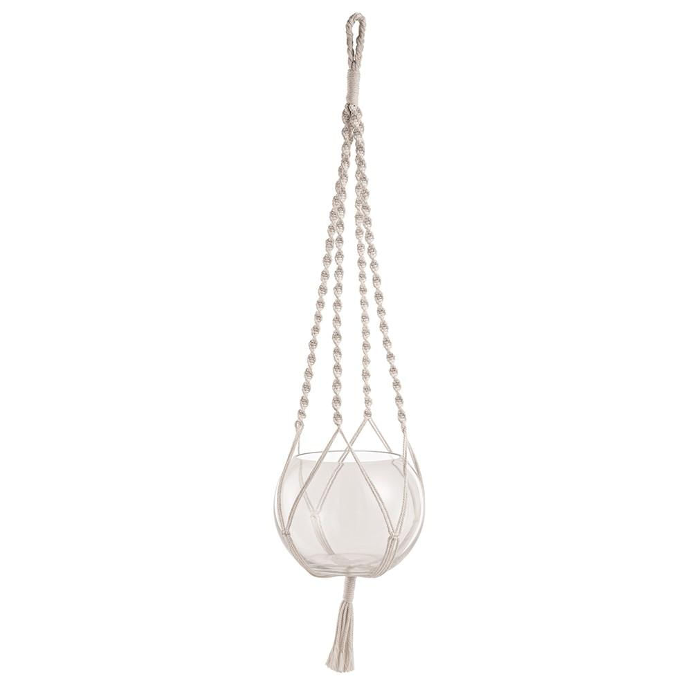 Cachepot Pendente em Vidro e Macramê Branco 80x20 cm - D'Rossi