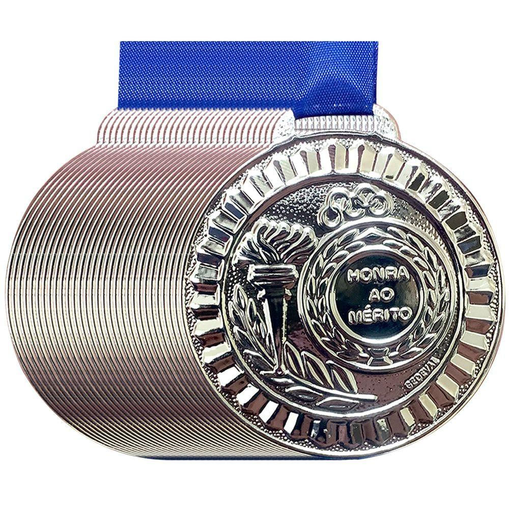 Kit 32 Medalhas Honra Ao Mérito 5,5cm Fita Azul Esportes prata