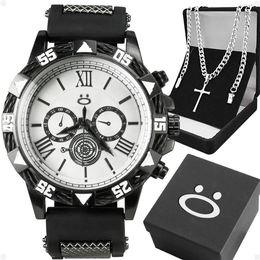 Relogio Masculino Preto Aço Inox Cordao Crucifixo Caixa