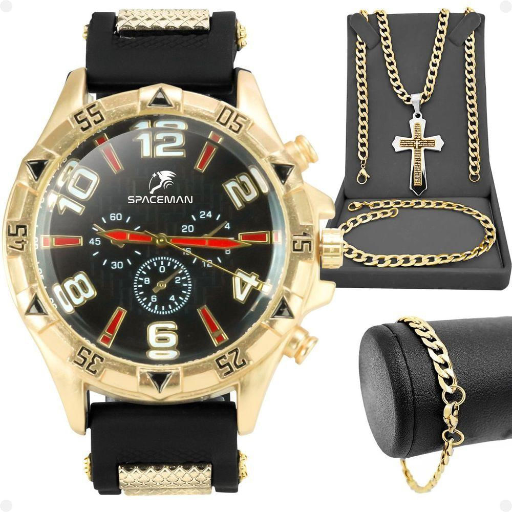 Relogio Masculino Banhado Ouro Aço Crucifixo Pulseira Prova Dagua Pallyjane