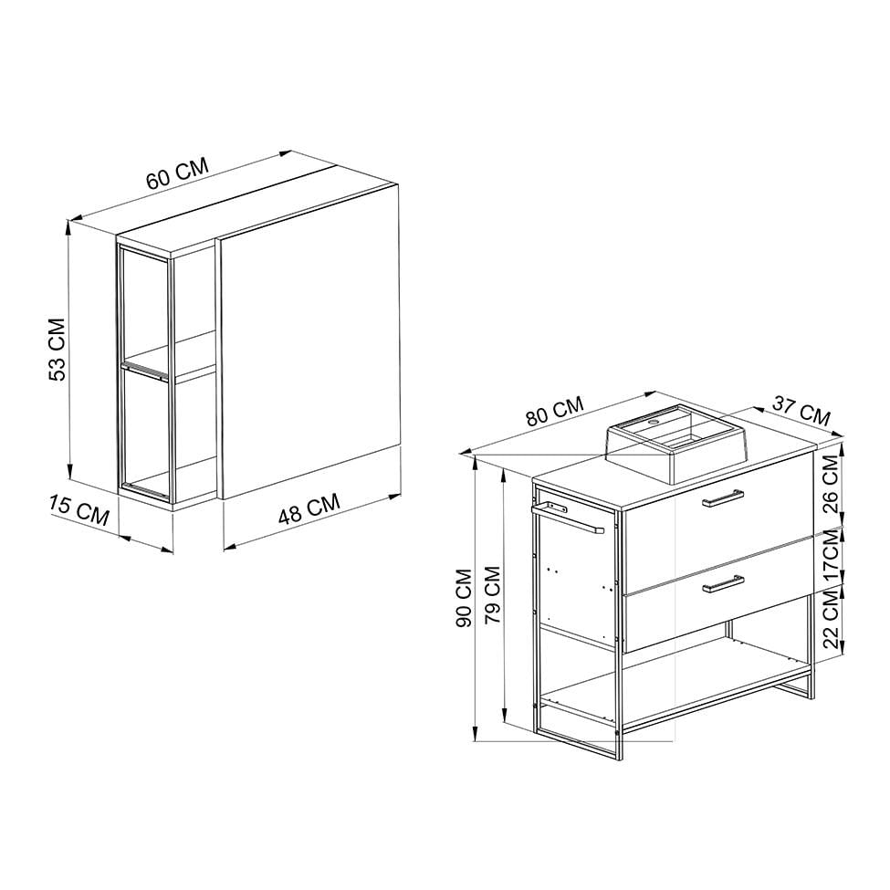 Conjunto de Gabinete de Banheiro Paricel 1 PT e 1 GV com Cuba Ametista Branca e Espelheira Angel 1 PT Preto e Mel