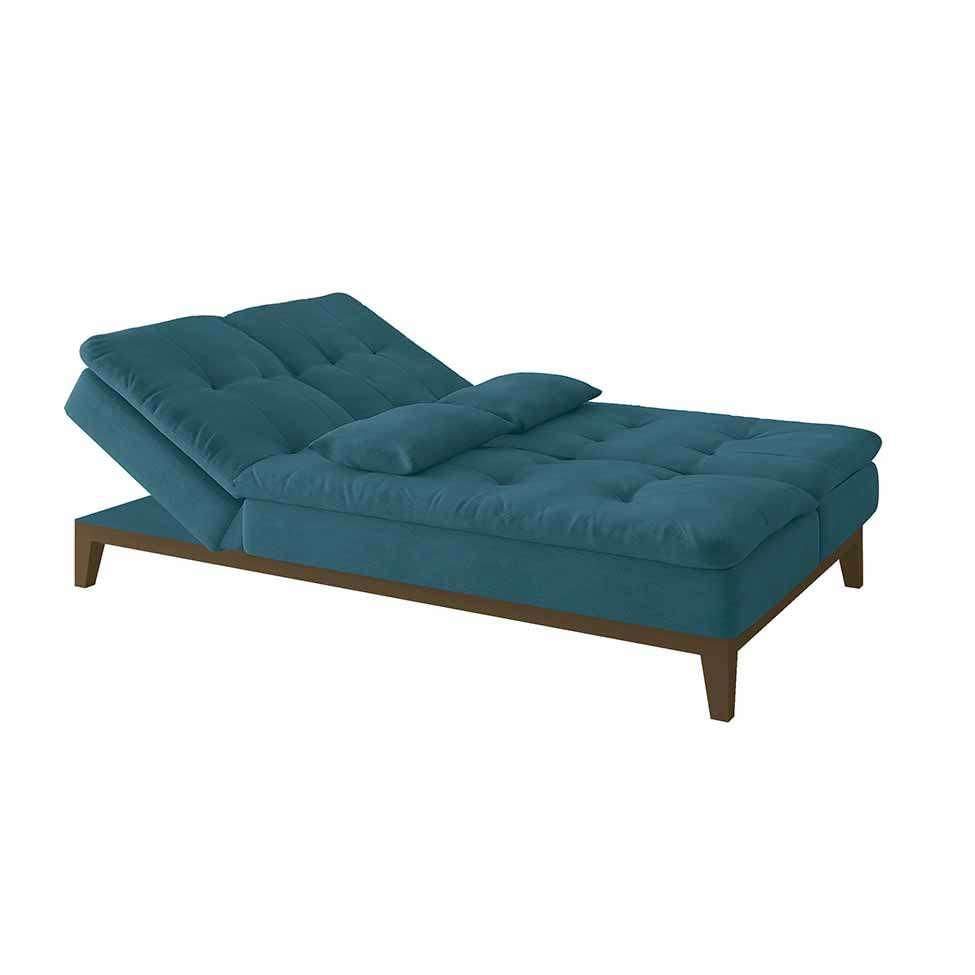 Sofá-Cama 3 Lugares Casal Amanda com Pés de Madeira Suede Azul