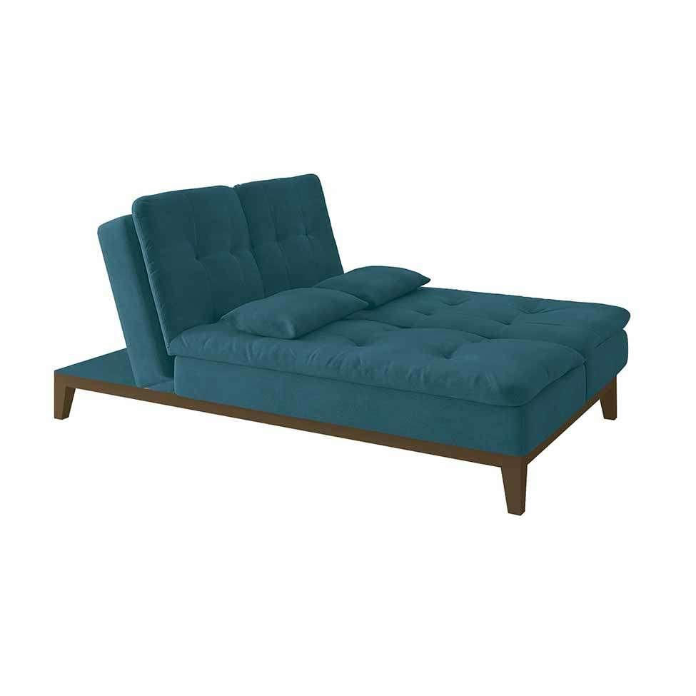 Sofá-Cama 3 Lugares Casal Amanda com Pés de Madeira Suede Azul