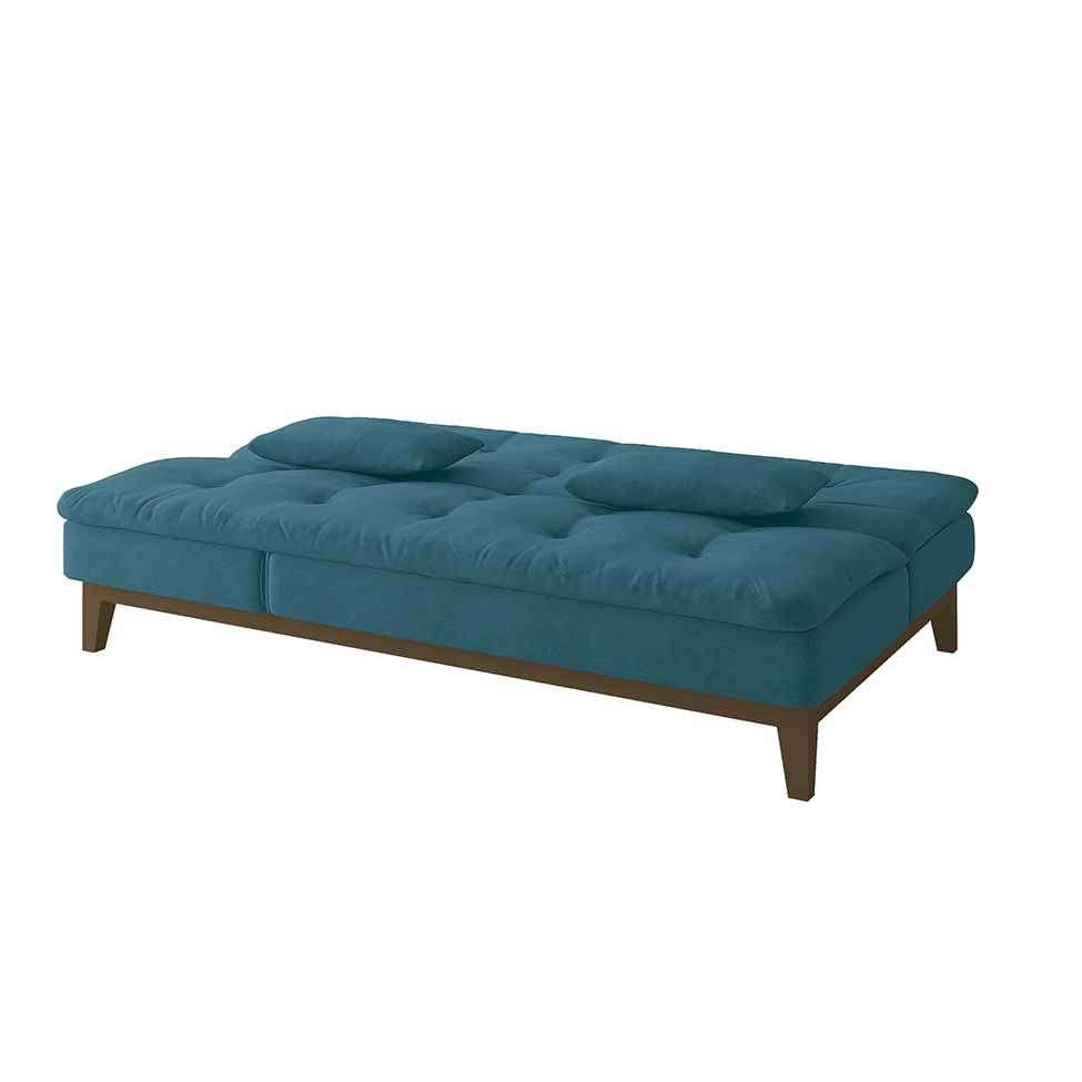 Sofá-Cama 3 Lugares Casal Amanda com Pés de Madeira Suede Azul