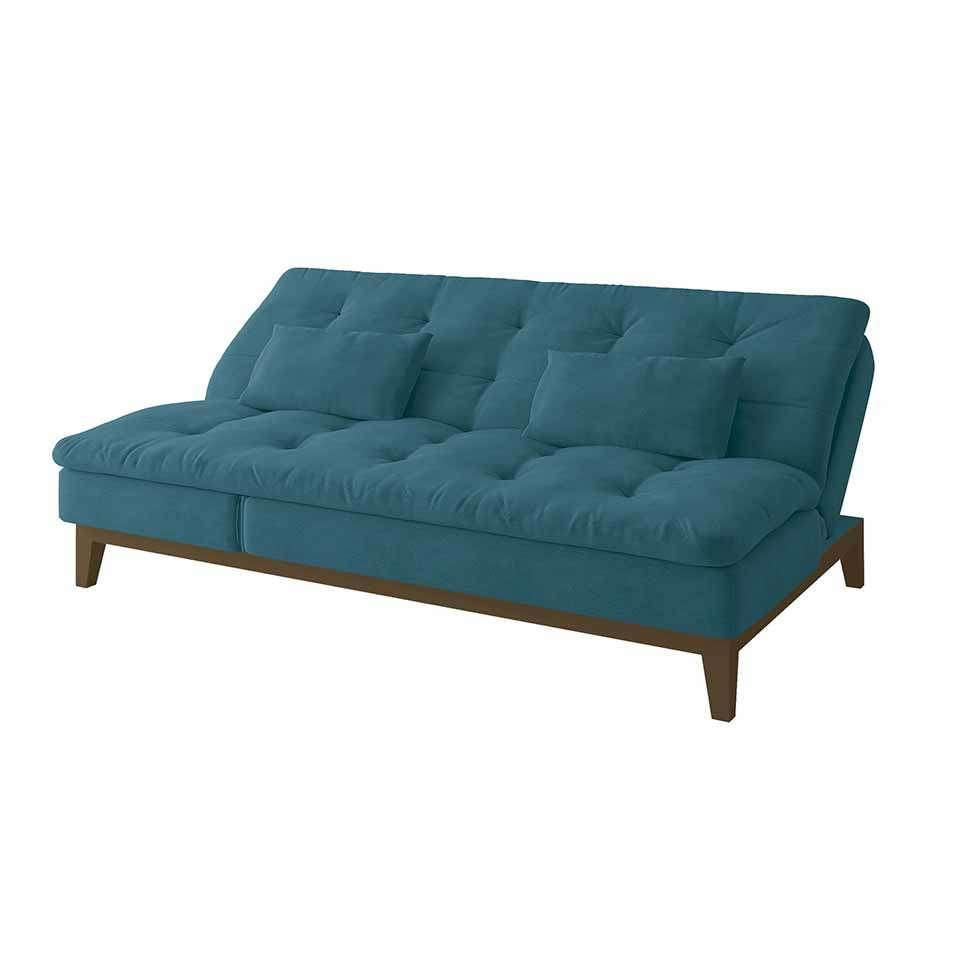 Sofá-Cama 3 Lugares Casal Amanda com Pés de Madeira Suede Azul