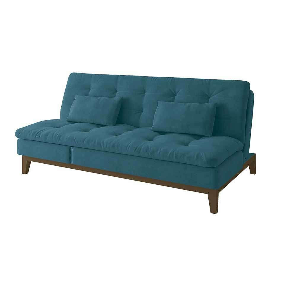 Sofá-Cama 3 Lugares Casal Amanda com Pés de Madeira Suede Azul