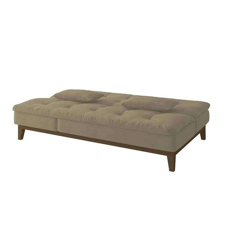 Sofá-Cama 3 Lugares Casal Amanda com Pés de Madeira Suede Bege