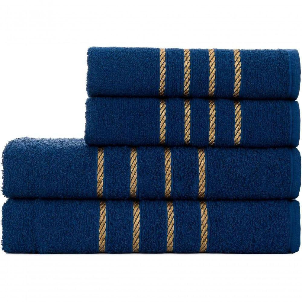 Jogo De Toalha Montreal Banho + Rosto Dourado 100% Algodão Alta Absorção Azul Marinho