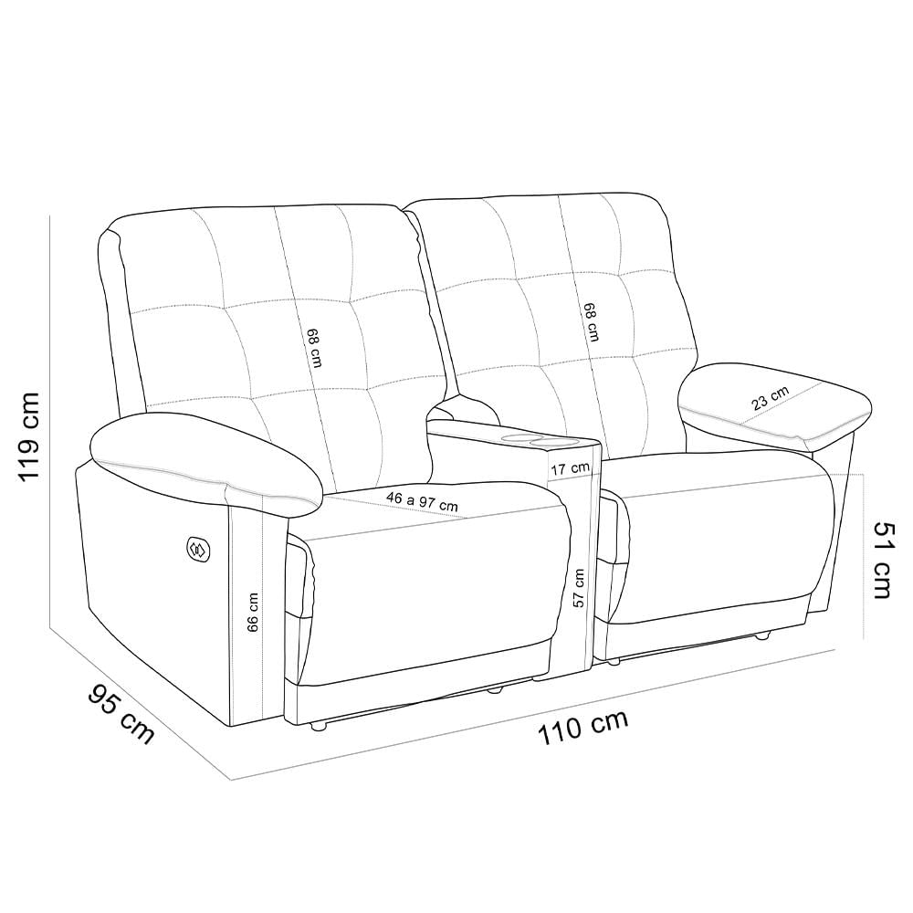 Poltrona Retrátil Reclinável Elétrica Cinema 2 Lugares Holly T03 Couro Cristal Tabaco - Lyam Decor