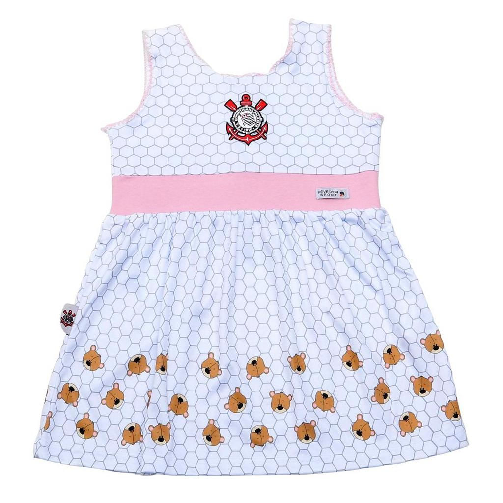 Vestido Infantil Corinthians Ursinhos Oficial Tam 2 / Branco / Rosa