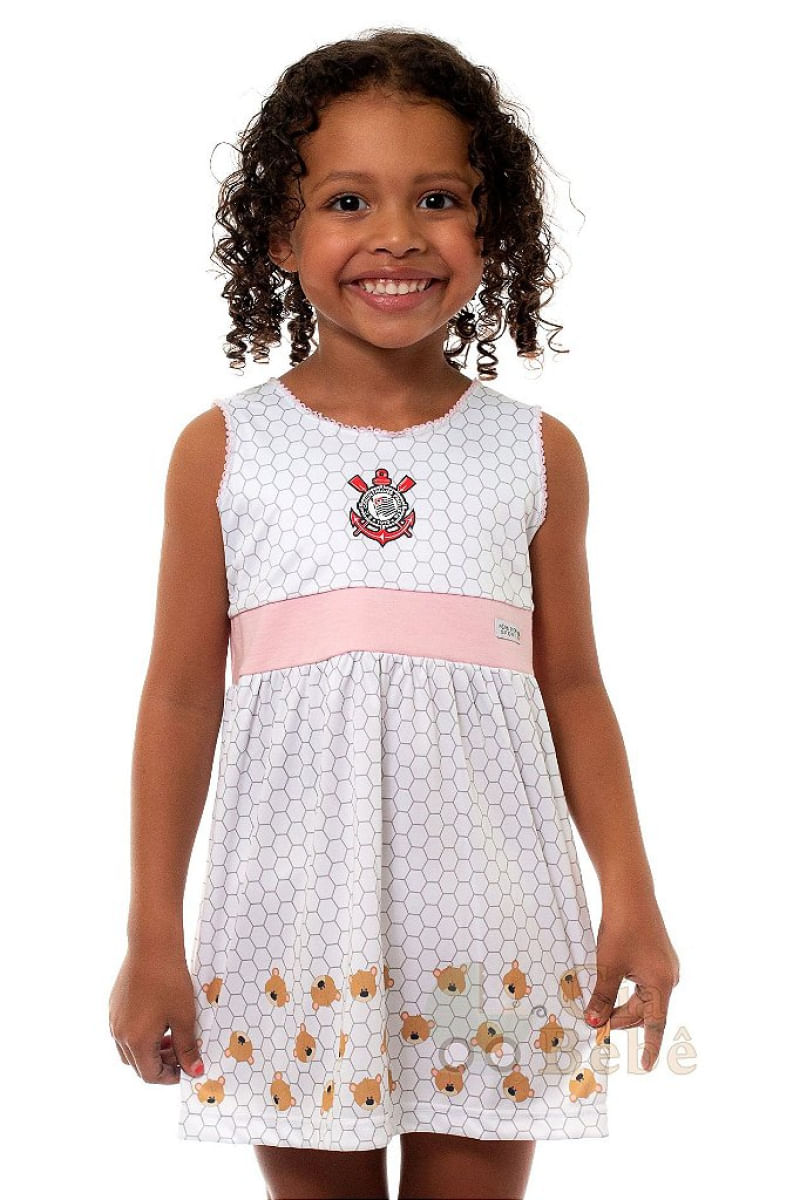 Vestido Infantil Corinthians Ursinhos Oficial Tam 2 / Branco / Rosa