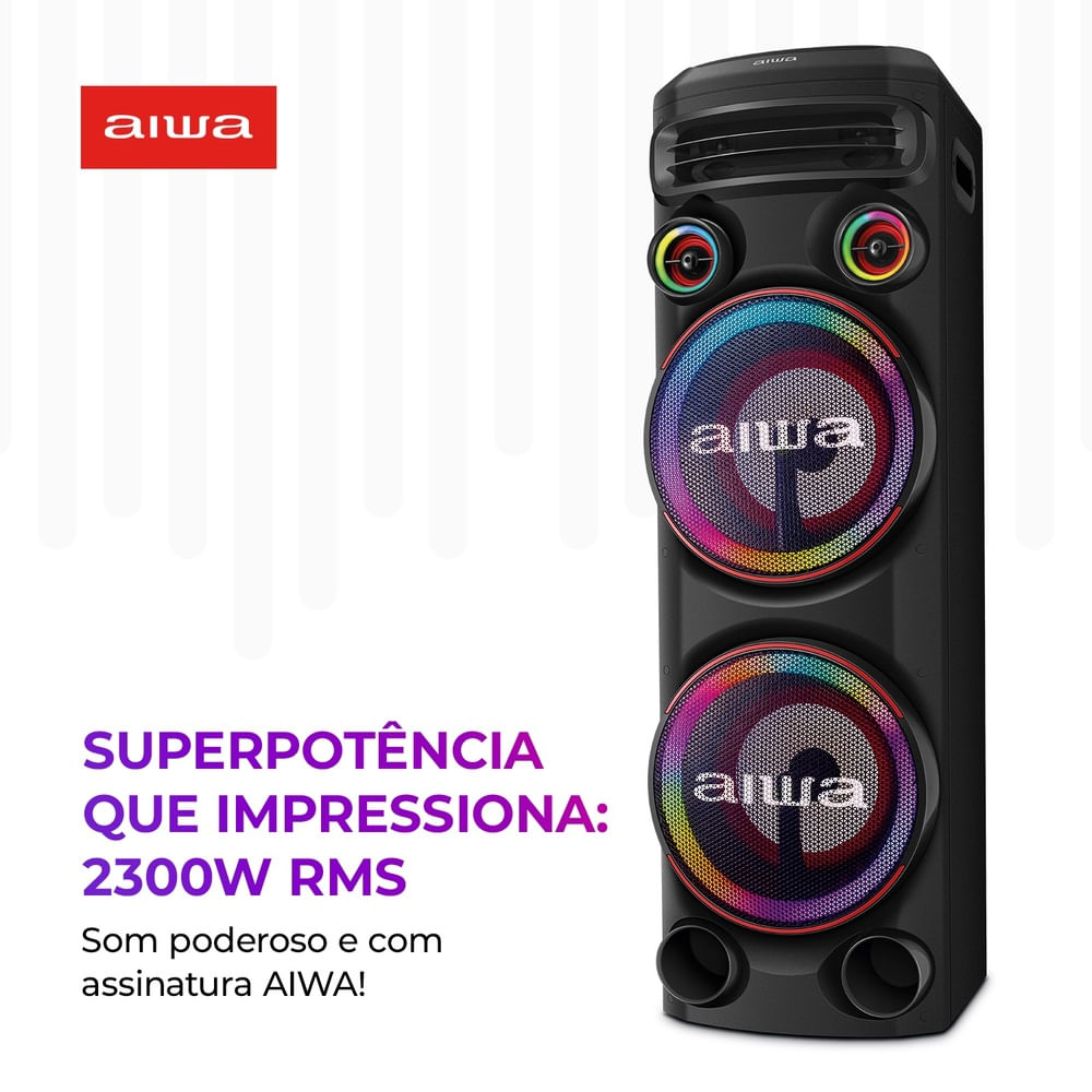 Torre de Som AIWA T2W-02 2300W 2Woofers10" Bluetooth RGB USB FM DJ