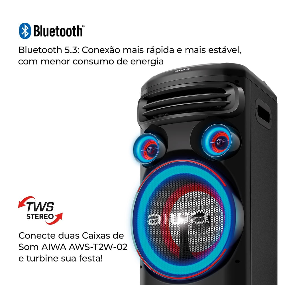 Torre de Som AIWA T2W-02 2300W 2Woofers10" Bluetooth RGB USB FM DJ