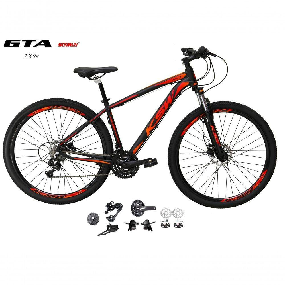 Bicicleta Aro 29 Ksw Xlt Kit 2x9 Sunrun Freio Disco K7 11/36 Pedivela 24/38d Garfo Trava - Preto/vermelho/laranja Tam.19