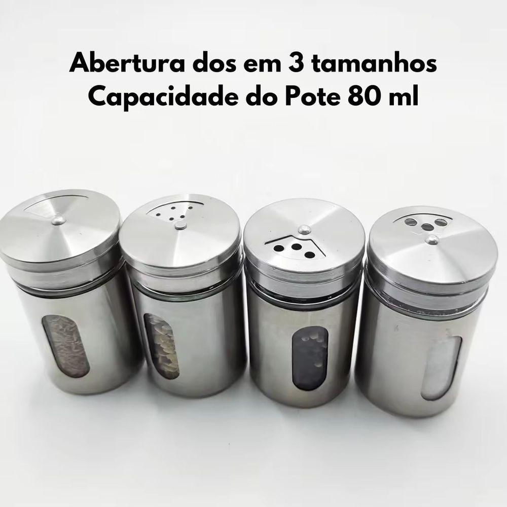 Porta Temperos Condimentos Cozinha Inox Visor Suporte 6 Peças