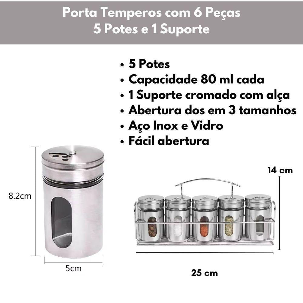 Porta Temperos Condimentos Cozinha Inox Visor Suporte 6 Peças