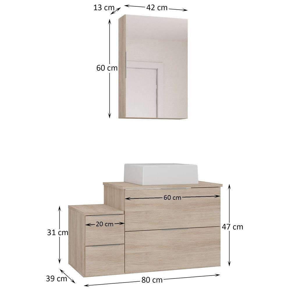 Conjunto Gabinete Banheiro Nivus 80 (gabinete+espelheira+cuba) Madeirado Inteiro