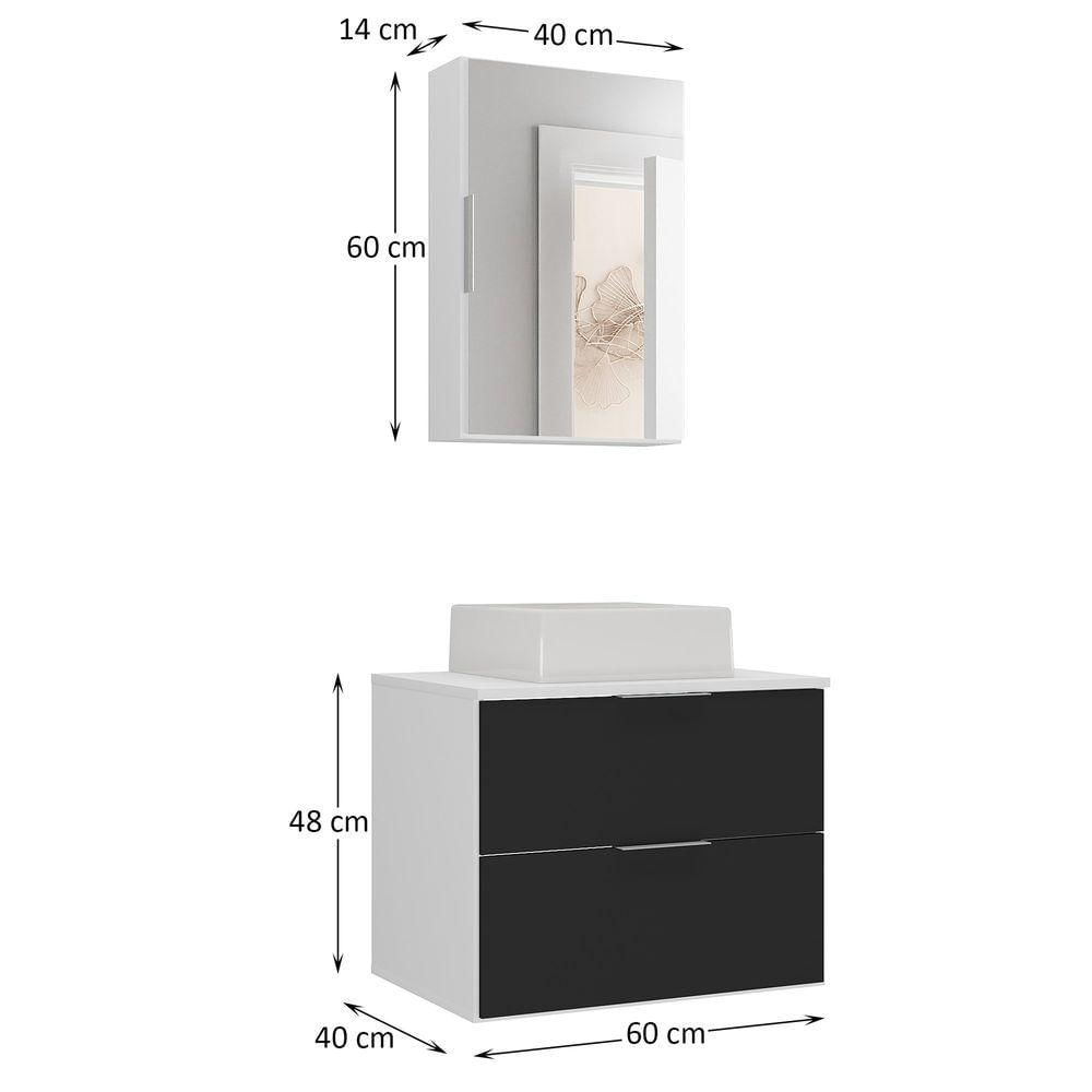 Conjunto Gabinete Banheiro Rubi 60cm Gabinete + Cuba + Espelheira Branco Preto