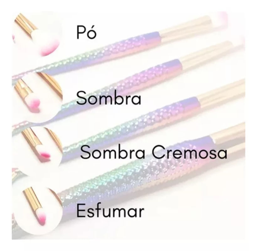 Kit 4 Pinceis de Maquiagem cabo cauda Sereia Sombra Pó Esfumado Sombrancelha Delinear